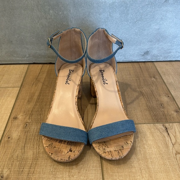 Bonnibel Block Heels Blue Denim Brown Cork Wood Gold Buckle - Picture 2 of 4